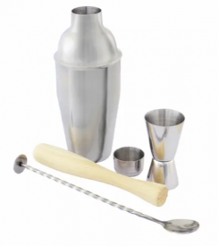 Cocktailset 4-delig: barlepel, maatje, stamper en shaker