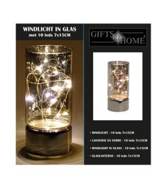 Windlicht glas met 10 leds 7x15cm