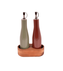 Point-Virgule Set olie- en azijnfles met houder acacia